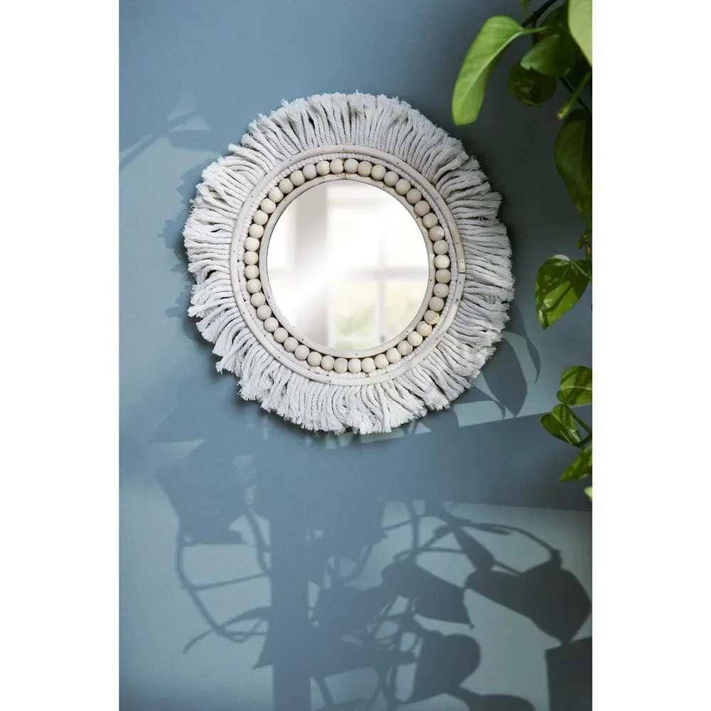 Boho Beaded Fringe Round Wall Mirror | Cotton Fringe & Wooden Bead Decorative M